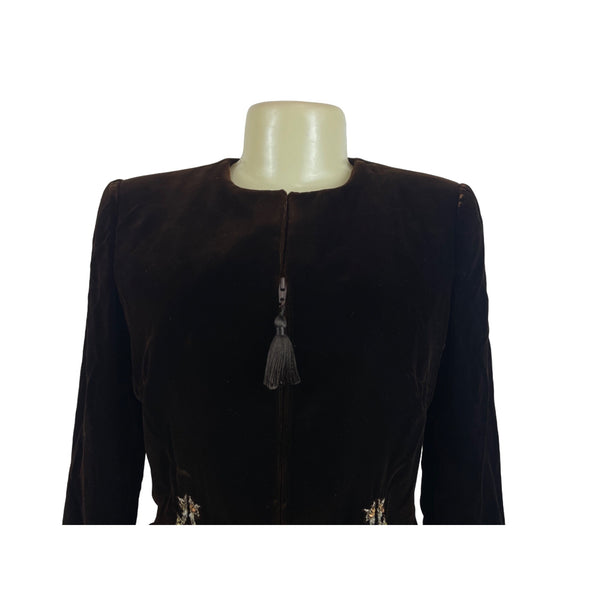 Oscar de la Renta Neiman Marcus Women's Brown Embroidered Velvet Blazer Size 8