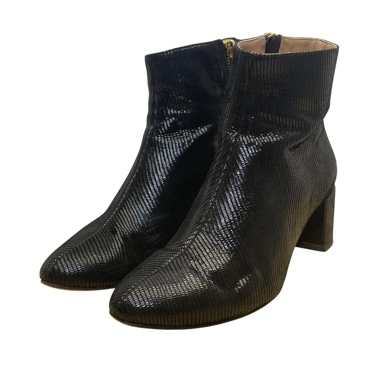 Dear Frances Women’s Black Leather Block Heel Snake-Embossed Ankle Boots Size 7