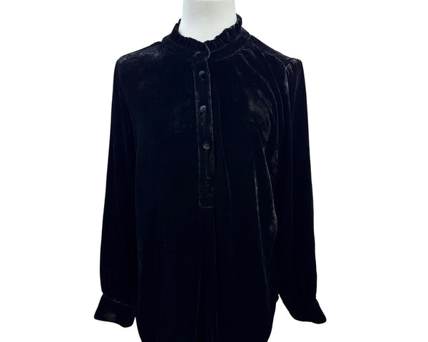 Talbots Petite Black Velvet Long-Sleeve Blouse With Ruffled Collar Sz PL - New