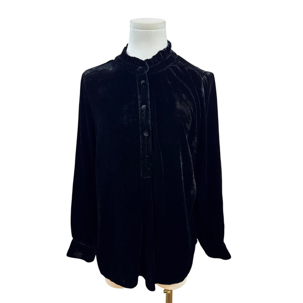 Talbots Petite Black Velvet Long-Sleeve Blouse With Ruffled Collar Sz PL - New