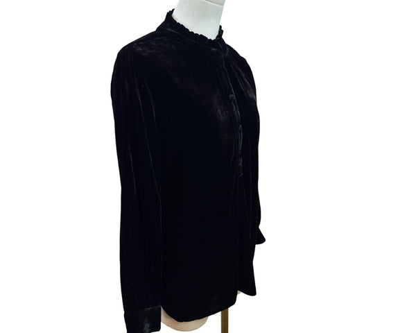 Talbots Petite Black Velvet Long-Sleeve Blouse With Ruffled Collar Sz PL - New