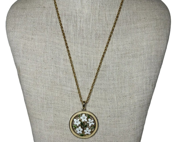 Vintage Gold Tone Enamel Flower Pendant And Necklace - 24in