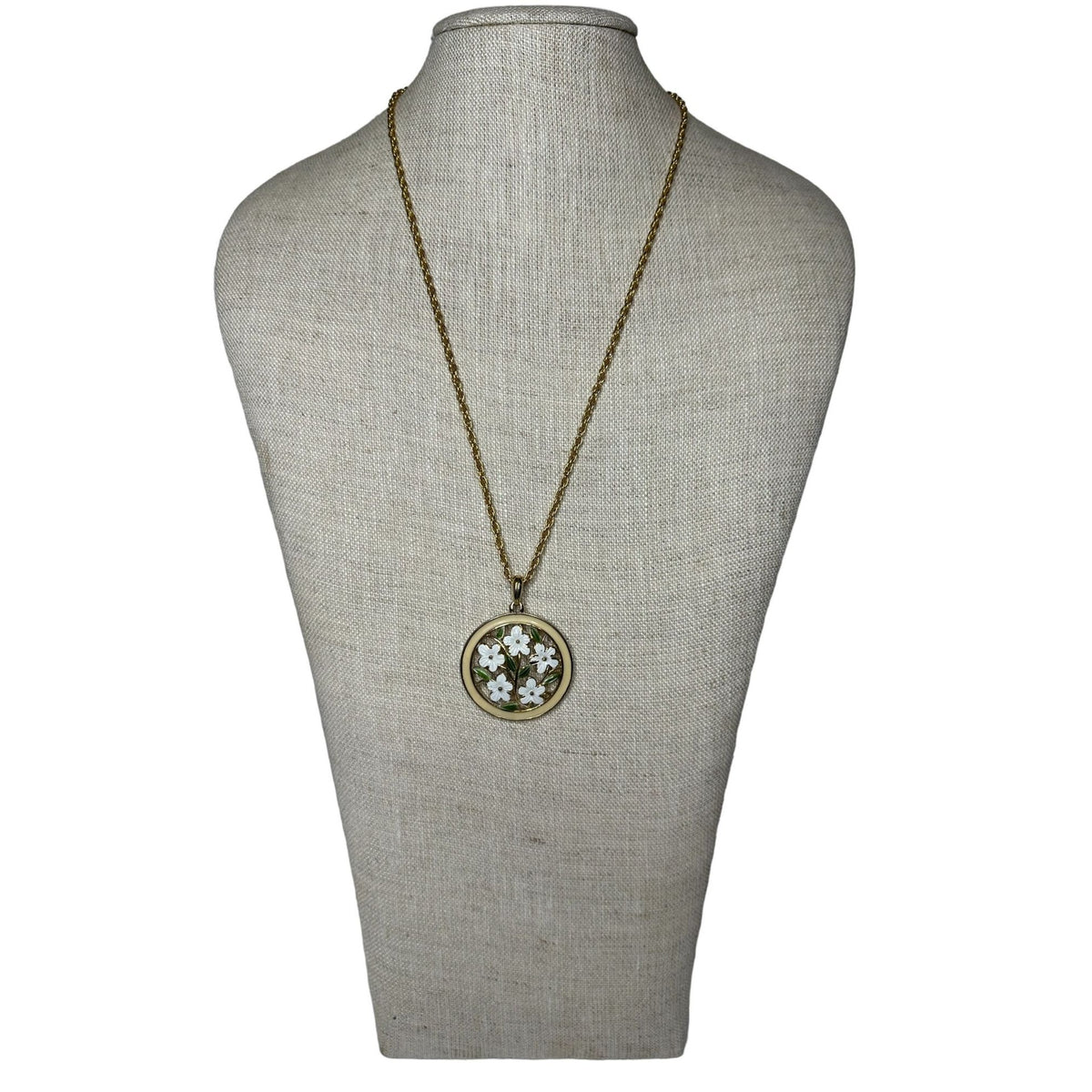 Vintage Gold Tone Enamel Flower Pendant And Necklace - 24in