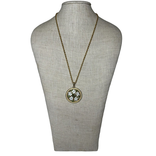 Vintage Gold Tone Enamel Flower Pendant And Necklace - 24in