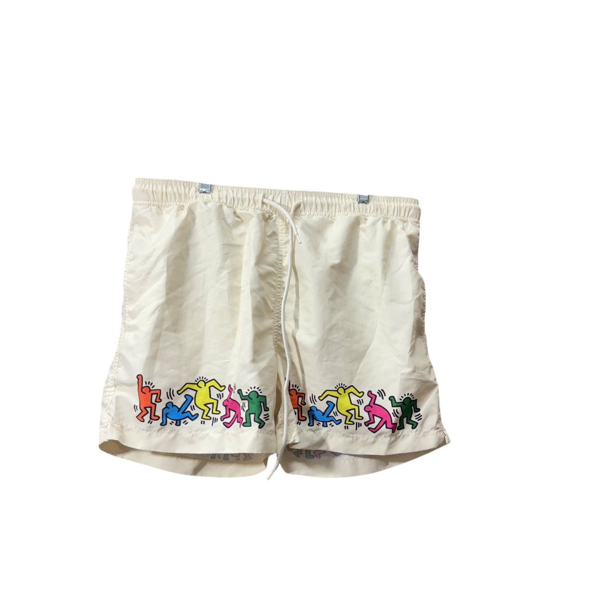 Keith Haring Mens Beige Nylon Graphic Swim Shorts Colorful Dancing Figures Medium