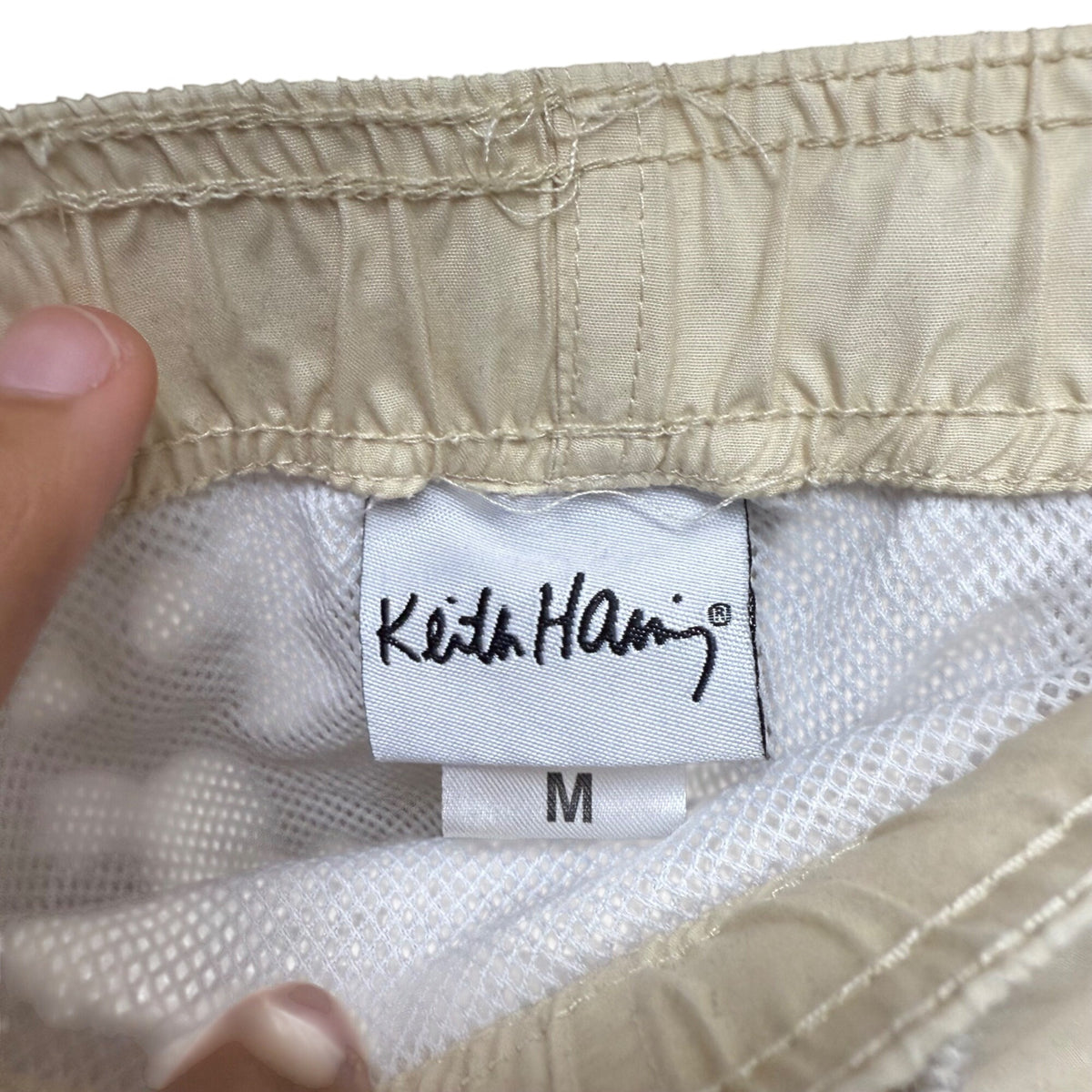 Keith Haring Mens Beige Nylon Graphic Swim Shorts Colorful Dancing Figures Medium