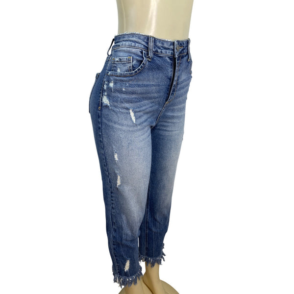 Cello Womens Distressed High-Waisted Cropped Denim Jeans With Frayed Hem Size 11