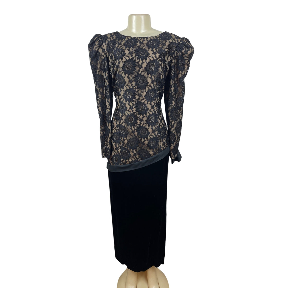 Vintage Black Lace & Velvet Dress With Puff Sleeves & V-Back Size 14