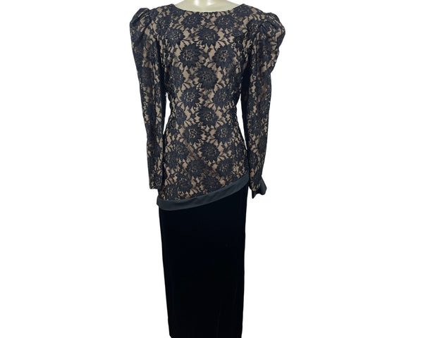 Vintage Black Lace & Velvet Dress With Puff Sleeves & V-Back Size 14
