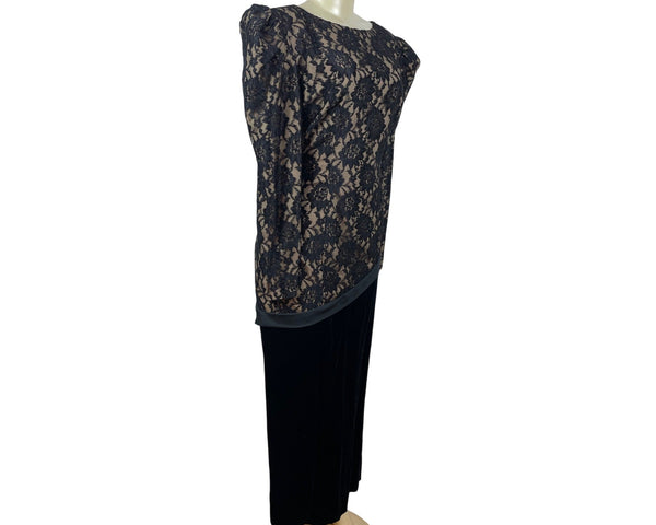 Vintage Black Lace & Velvet Dress With Puff Sleeves & V-Back Size 14