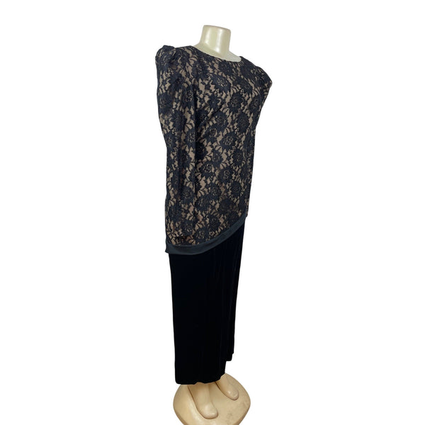 Vintage Black Lace & Velvet Dress With Puff Sleeves & V-Back Size 14