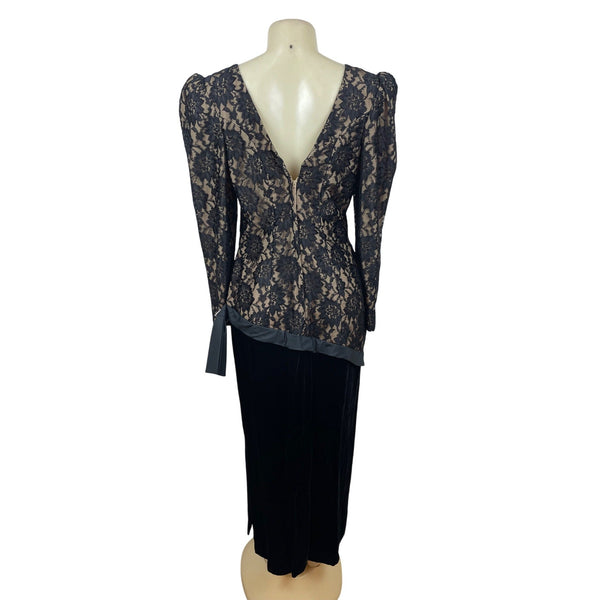 Vintage Black Lace & Velvet Dress With Puff Sleeves & V-Back Size 14
