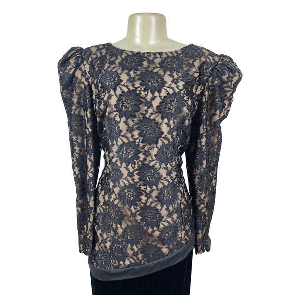 Vintage Black Lace & Velvet Dress With Puff Sleeves & V-Back Size 14