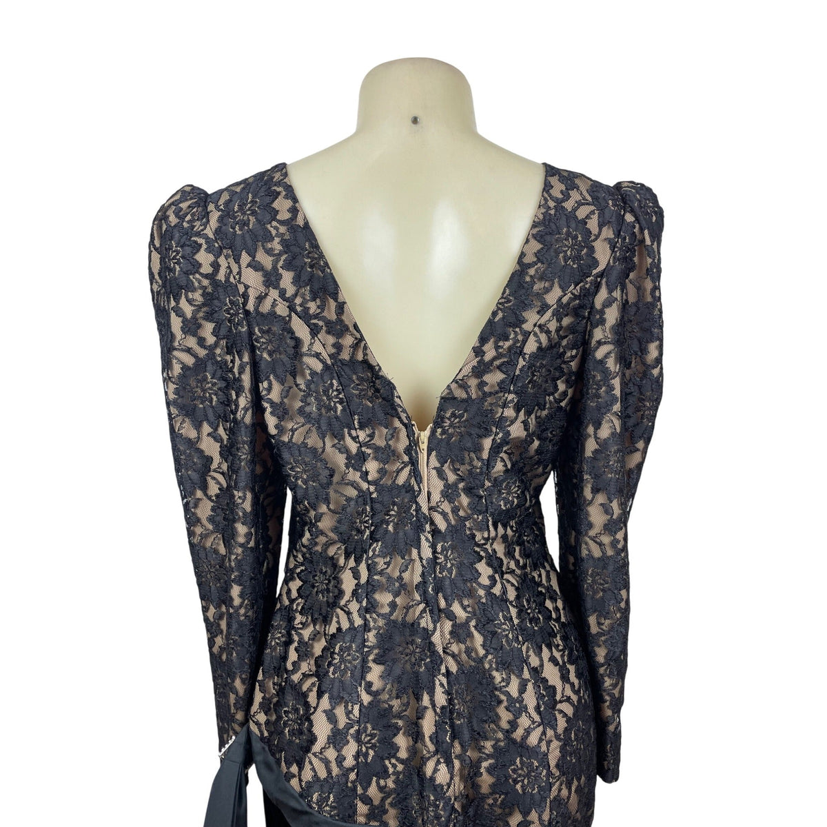 Vintage Black Lace & Velvet Dress With Puff Sleeves & V-Back Size 14