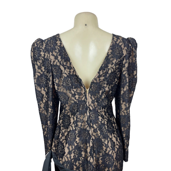 Vintage Black Lace & Velvet Dress With Puff Sleeves & V-Back Size 14