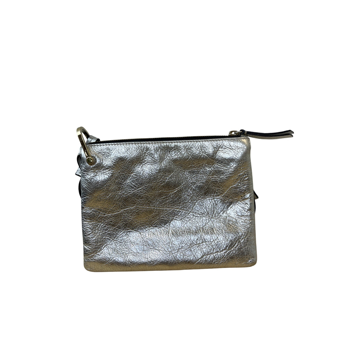 Silver Metallic Leather Crossbody Bag Dual Zippers Adjustable Strap Compact Size Stylish Durable