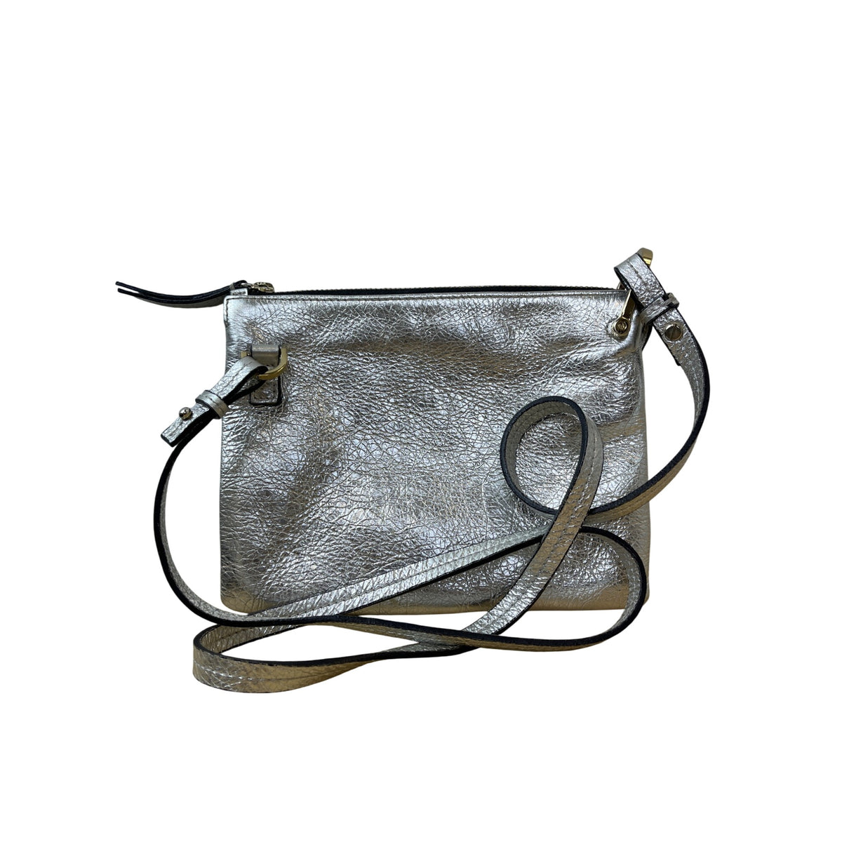 Silver Metallic Leather Crossbody Bag Dual Zippers Adjustable Strap Compact Size Stylish Durable