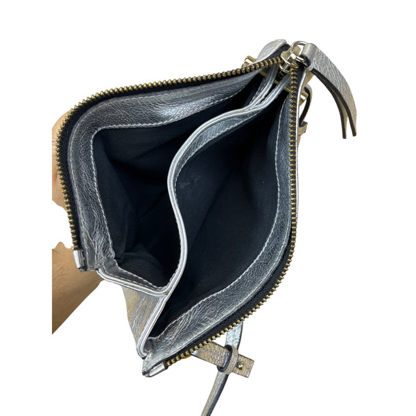 Silver Metallic Leather Crossbody Bag Dual Zippers Adjustable Strap Compact Size Stylish Durable
