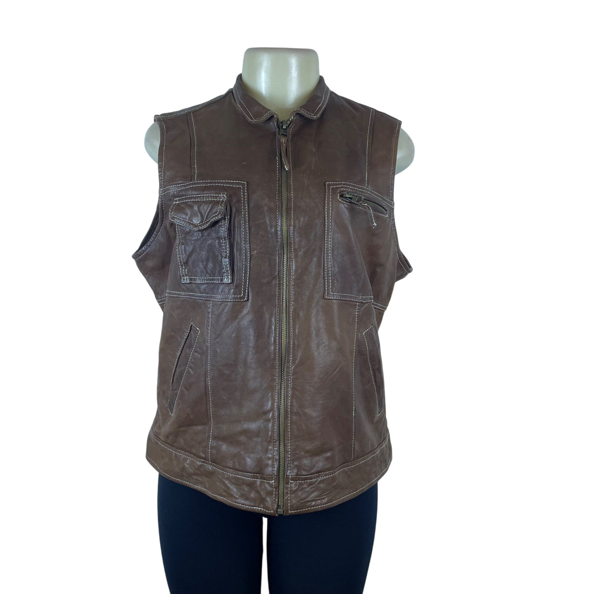 Coldwater Creek Brown Leather Sleeveless Women’s Vest With Zipper Front  Sz L