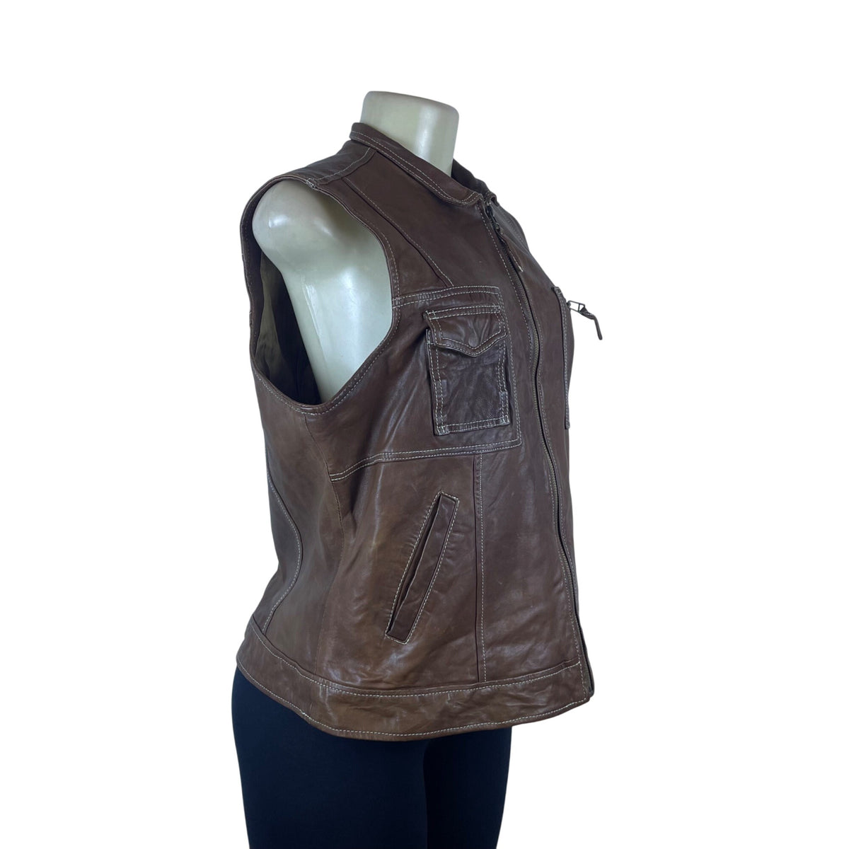 Coldwater Creek Brown Leather Sleeveless Women’s Vest With Zipper Front  Sz L