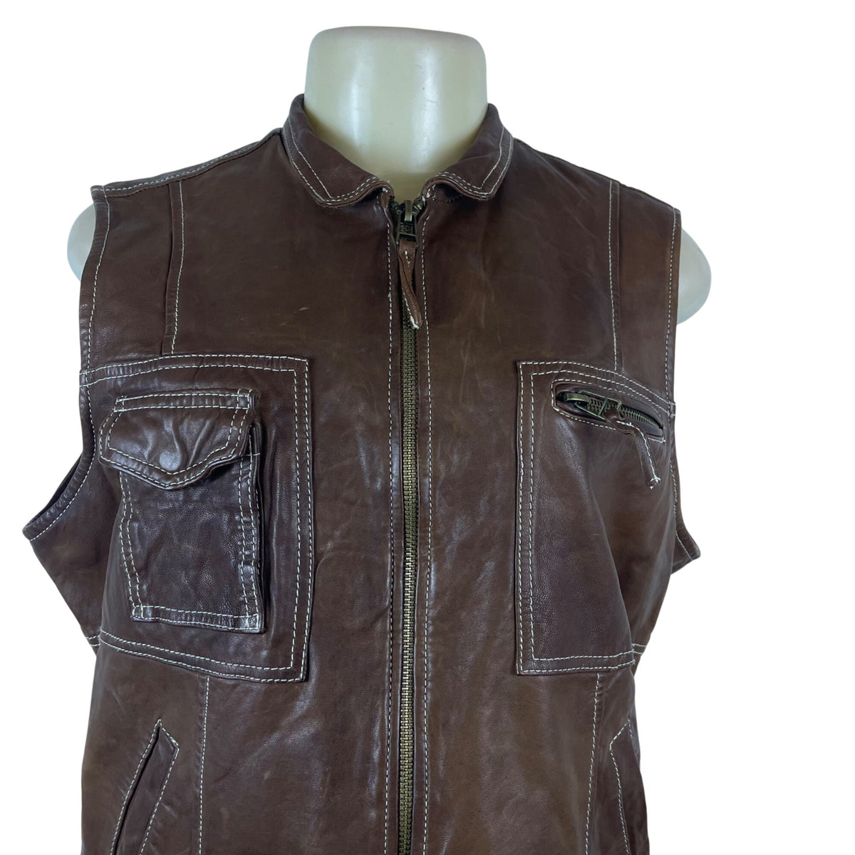 Coldwater Creek Brown Leather Sleeveless Women’s Vest With Zipper Front  Sz L