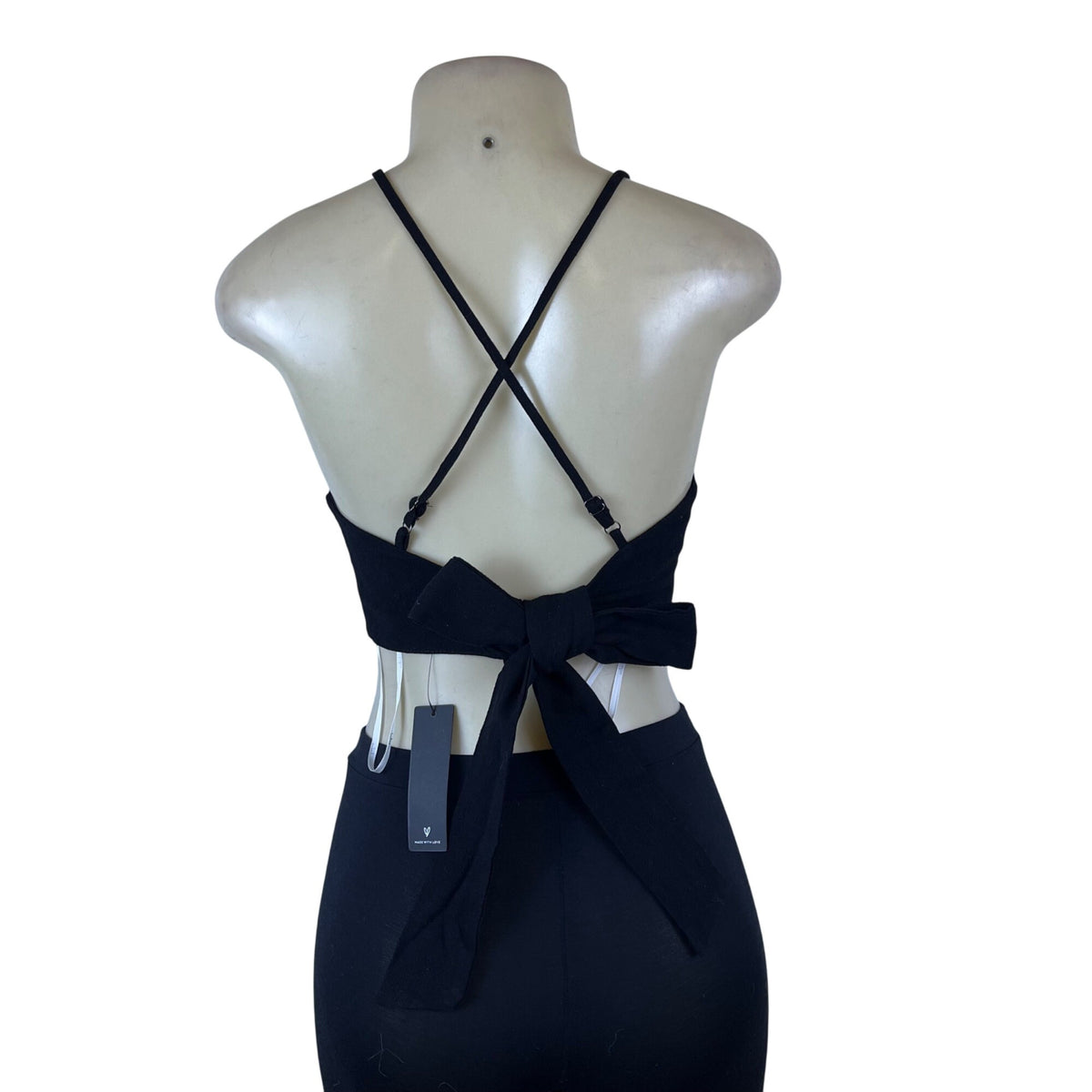 Lulus Women's Black Cotton Linen Bow Back Strappy Crop Top Size S - New