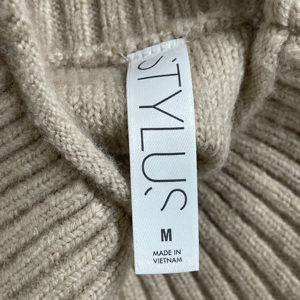 Stylus Women's Beige Ribbed Mock Neck Knit Sweater Casual Cozy Pullover Sz M