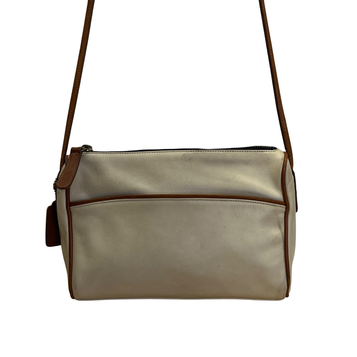 Coach Leatherware Cream & Brown With Zip Closure & Front Pocket Crossbody Bag
