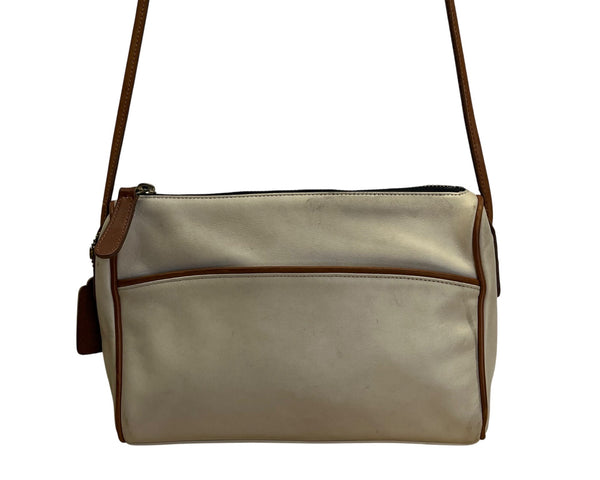 Coach Leatherware Cream & Brown With Zip Closure & Front Pocket Crossbody Bag