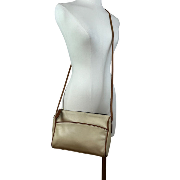 Coach Leatherware Cream & Brown With Zip Closure & Front Pocket Crossbody Bag