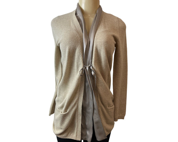 Altea Beige Cashmere Blend Open Front Cardigan With Pocket & Tie Sz Medium