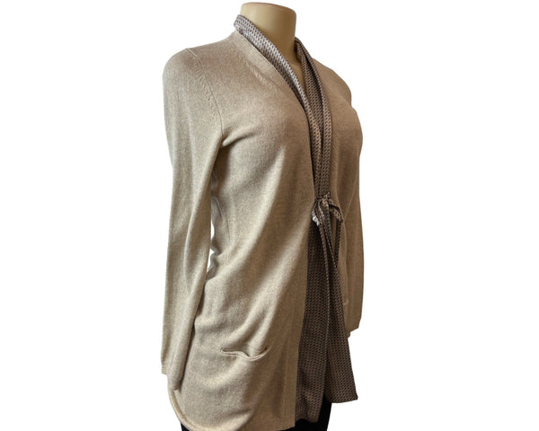 Altea Beige Cashmere Blend Open Front Cardigan With Pocket & Tie Sz Medium
