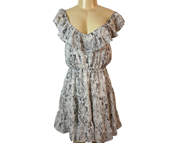 Entro Women's Off-Shoulder Ruffled Collar Snake Print Knee A-line Dress Sz M