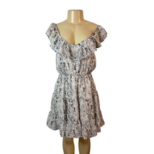 Entro Women's Off-Shoulder Ruffled Collar Snake Print Knee A-line Dress Sz M