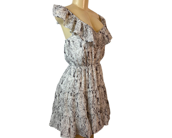 Entro Women's Off-Shoulder Ruffled Collar Snake Print Knee A-line Dress Sz M
