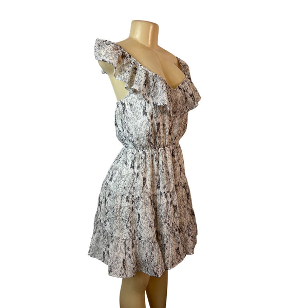 Entro Women's Off-Shoulder Ruffled Collar Snake Print Knee A-line Dress Sz M