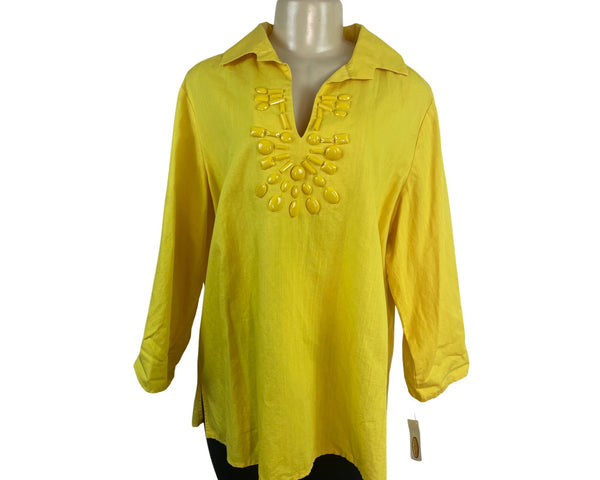 Talbots Women's Yellow Tunic Top With Beaded Neckline & Long Sleeves Sz XL - New