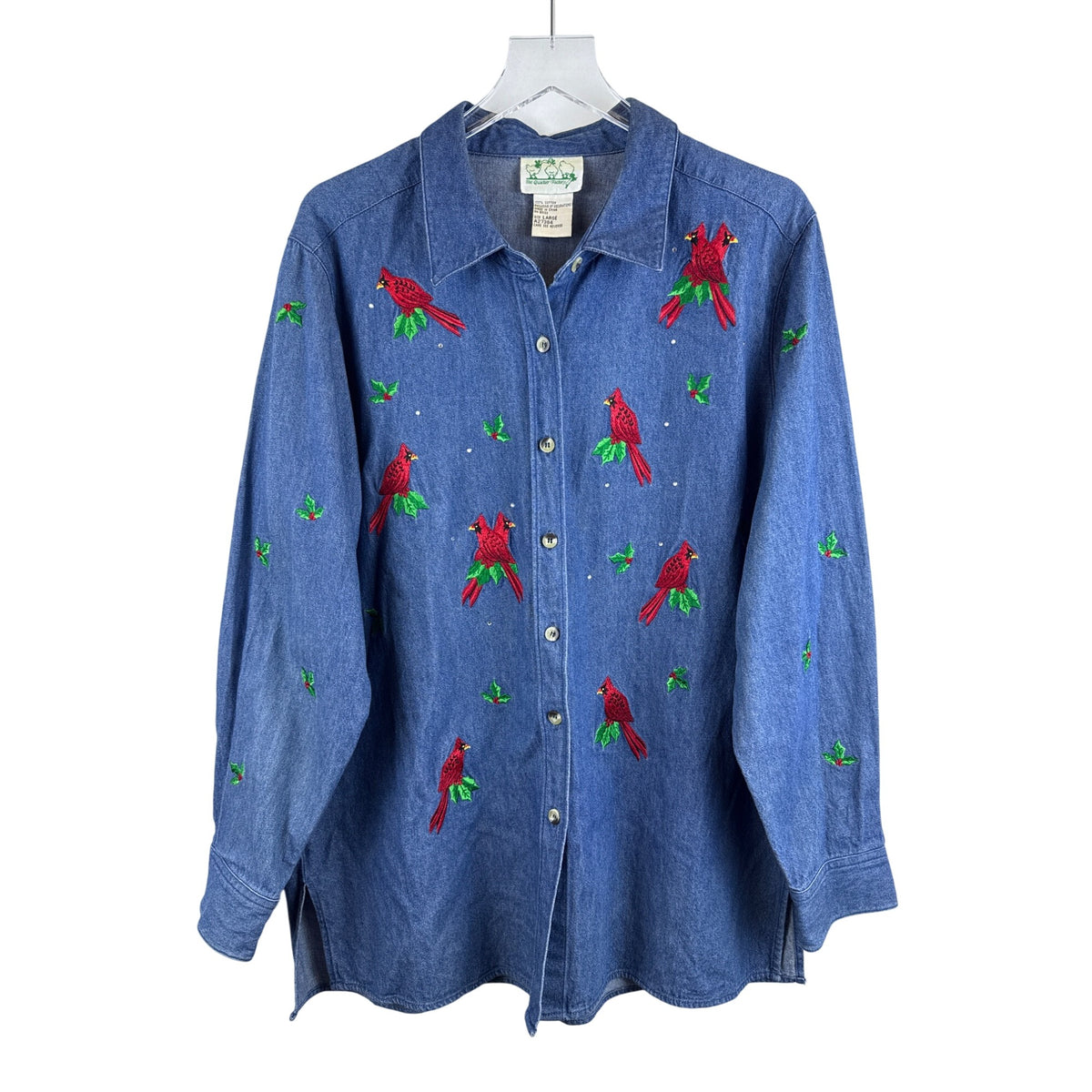 The Quacker Factory Womens Blue Denim Embroidered Cardinal Button-Up Long Sleeve Shirt L