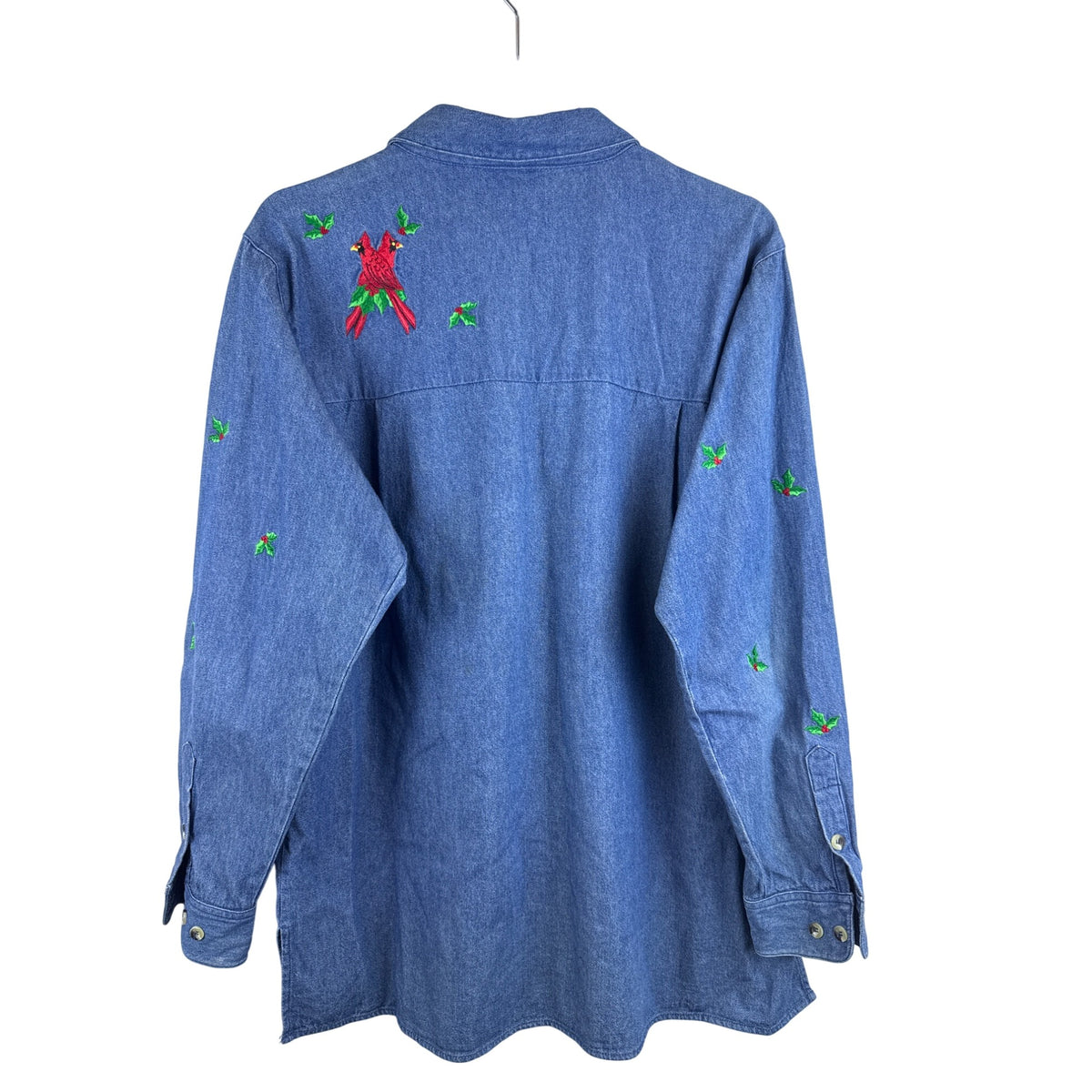 The Quacker Factory Womens Blue Denim Embroidered Cardinal Button-Up Long Sleeve Shirt L