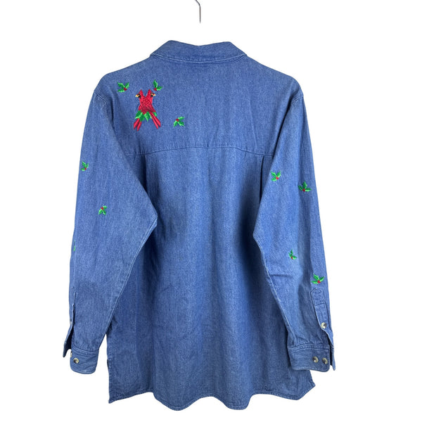 The Quacker Factory Womens Blue Denim Embroidered Cardinal Button-Up Long Sleeve Shirt L