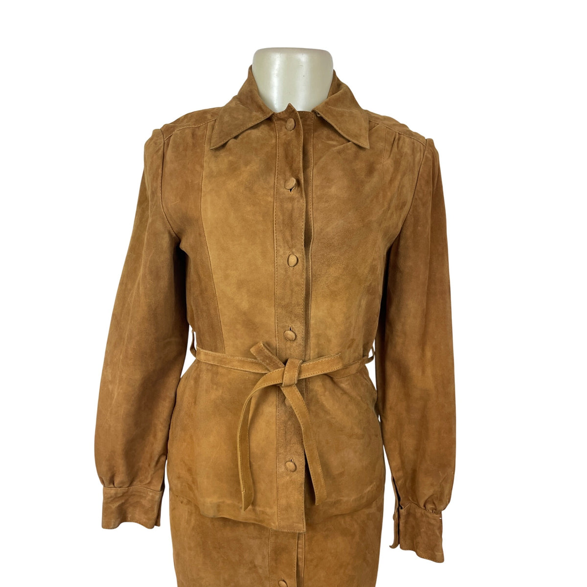 Sylvia Clyne Piel Tan Suede Skirt & Jacket Set With Belted Waist Size M