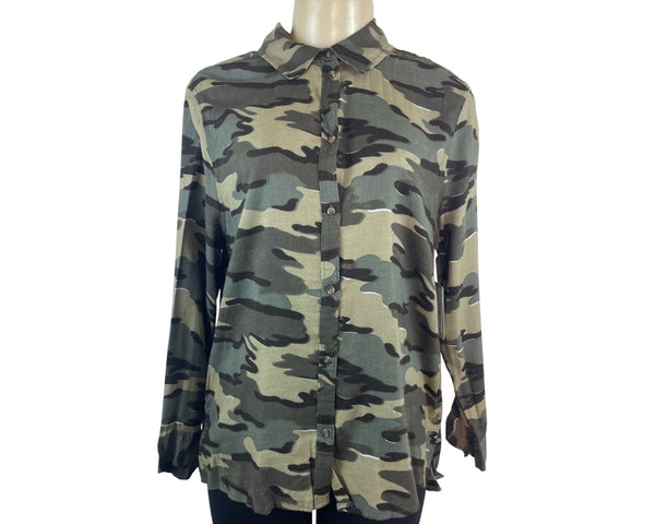 Susina Womens Olive Green Camouflage Button-Up Long Sleeve Shirt Sz M - New