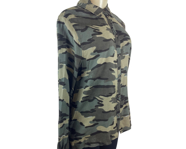 Susina Womens Olive Green Camouflage Button-Up Long Sleeve Shirt Sz M - New