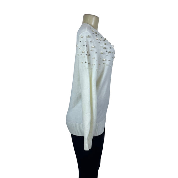 Talbots Women's White Embellished Knit Sweater Pearl & Bead Accents Size M