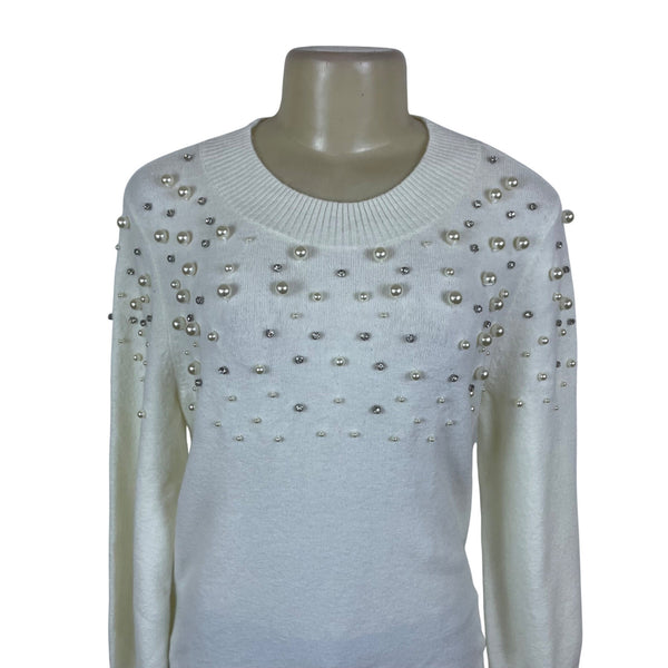 Talbots Women's White Embellished Knit Sweater Pearl & Bead Accents Size M