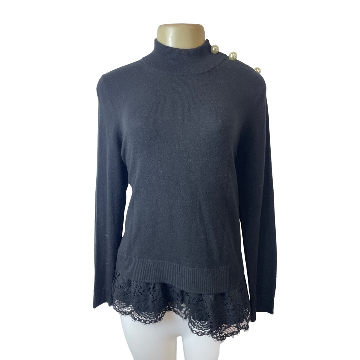 Kate Spade Broome Street Black Sweater With Lace Hem & Pearl Button Accents Sz M