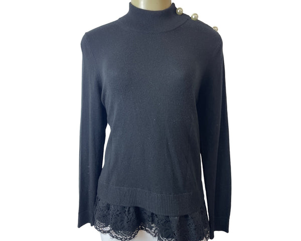Kate Spade Broome Street Black Sweater With Lace Hem & Pearl Button Accents Sz M