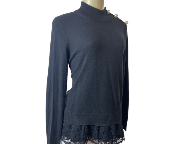 Kate Spade Broome Street Black Sweater With Lace Hem & Pearl Button Accents Sz M