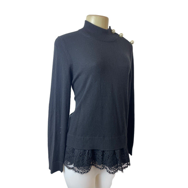 Kate Spade Broome Street Black Sweater With Lace Hem & Pearl Button Accents Sz M