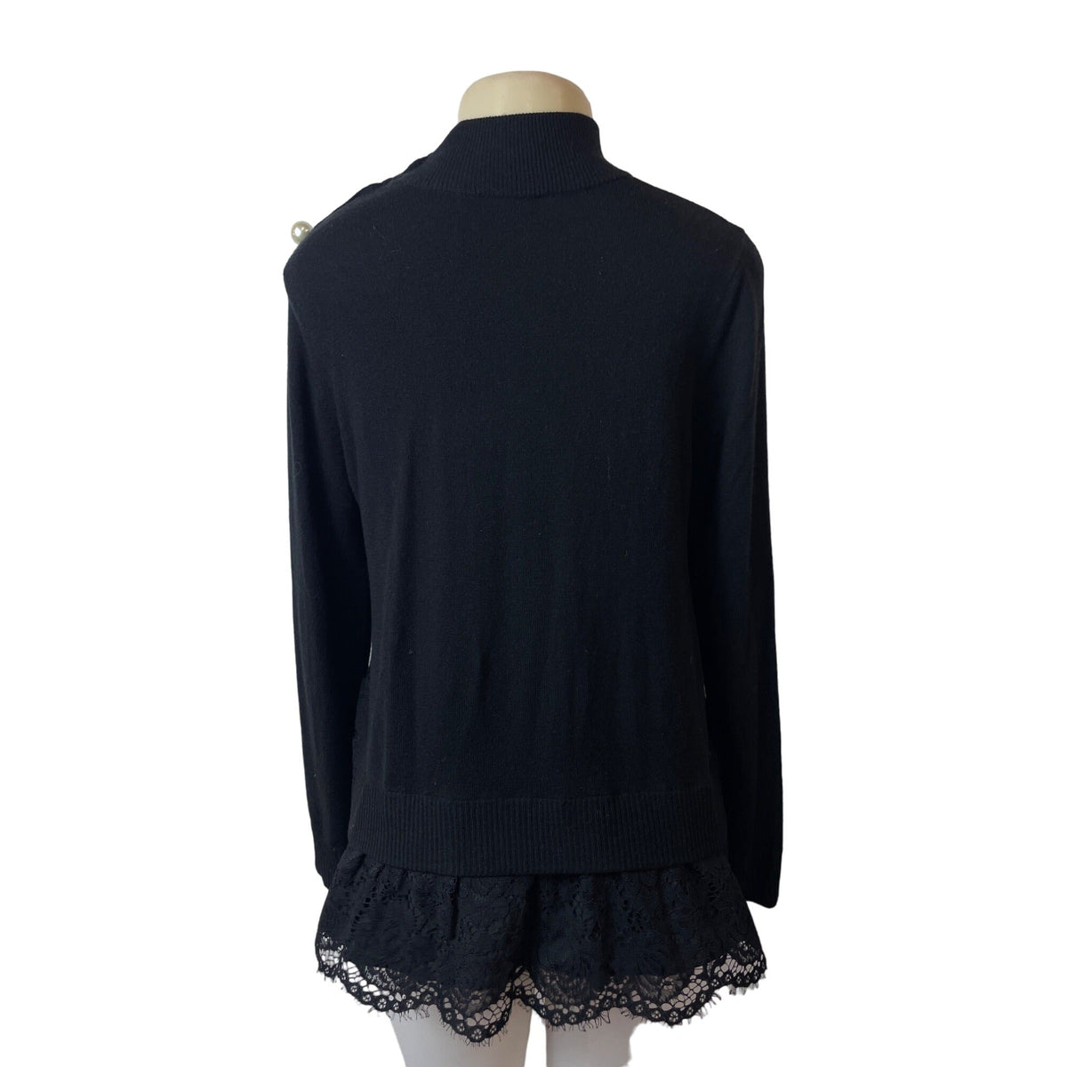 Kate Spade Broome Street Black Sweater With Lace Hem & Pearl Button Accents Sz M